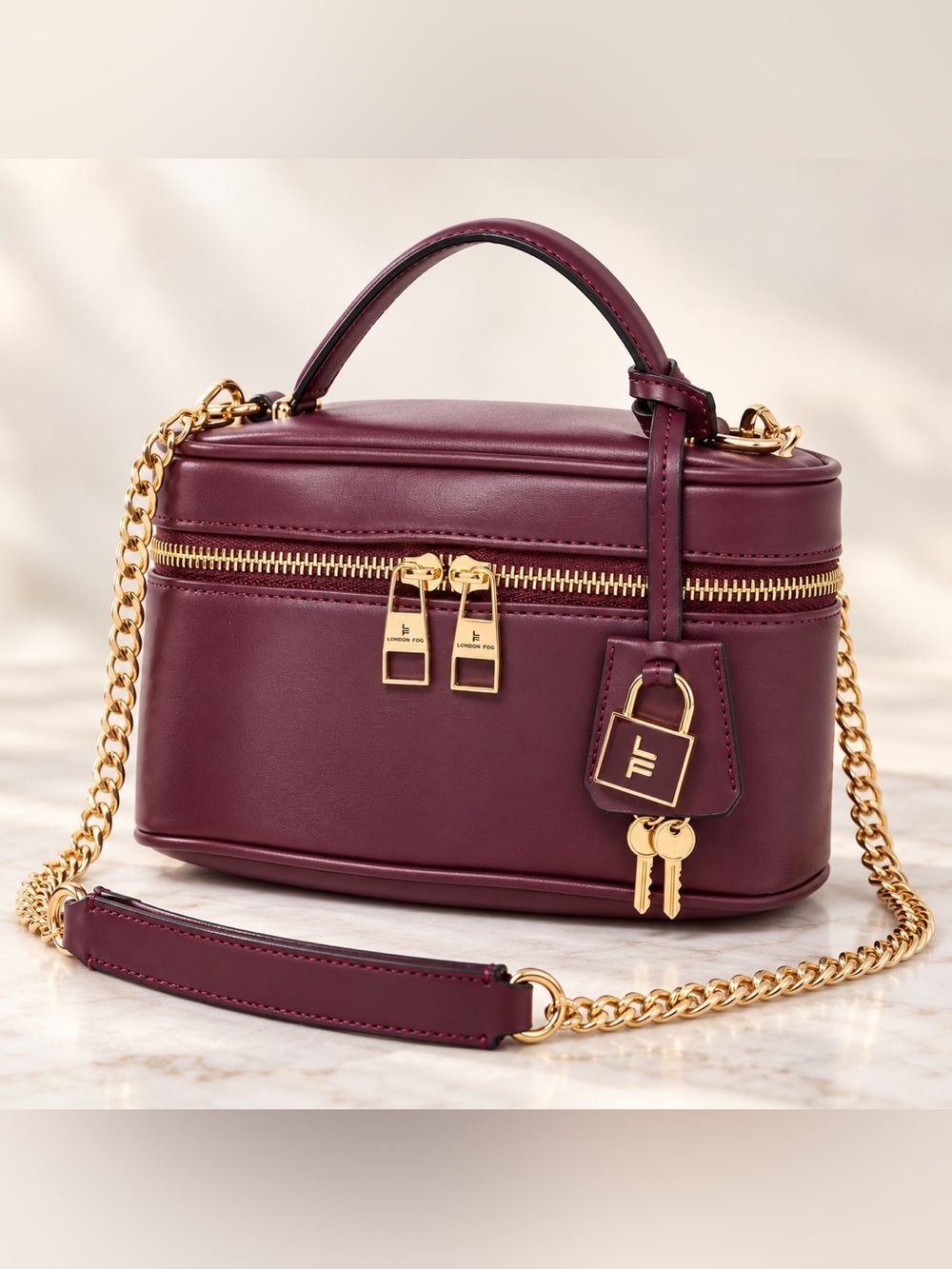 London Fog Wine Leather Vanity Crossbody Bag with Gold Hardware